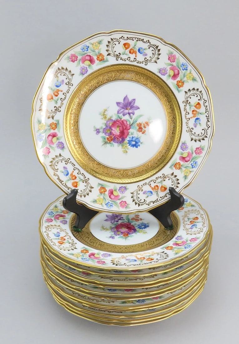 Superb Set 12 c1920s NSP Japan Floral Flowers Gold Gilt Dinner Plates 10 5/8: Condition: Used: An item that has been used previously. The item may have some signs of cosmetic wear, but is fully operational and functions as intended. This item may be a floor model or store retur