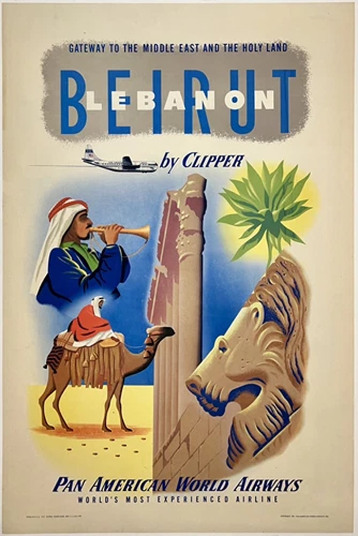 Original Vintage Poster PAN AM - BEIRUT BY CLIPPER Airline Travel Tourism LINEN: Condition: Used,Country of Origin: United States,Type: Poster,Airline: Pan AmCondition: Very Good * (linen backed; very minor edge and corner wear; some scattered edge tears; some toning along the upp