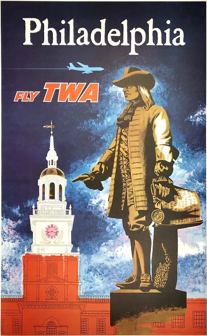 Original Vintage Poster PHILADELPHIA FLY TWA Airline Travel Tourism Philly LINEN: Condition: Used,Country of Origin: United States,Modified Item: No,Type: Poster,Airline: TWACondition: Excellent / Very Good * (linen backed; small restored scratch above the second "H" and four resto