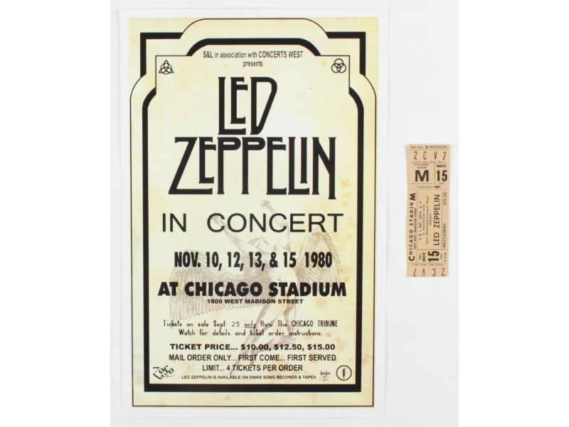 Set of (2) Led Zeppelin Concert Items with (1) Concert Ticket & (1) 11x17 Concert Poster Print: Set of (2) Led Zeppelin Concert Items with (1) Concert Ticket & (1) 11x17 Concert Poster Print (Chicago Stadium Corporation LOA). Ticket Dated November 15, 1980