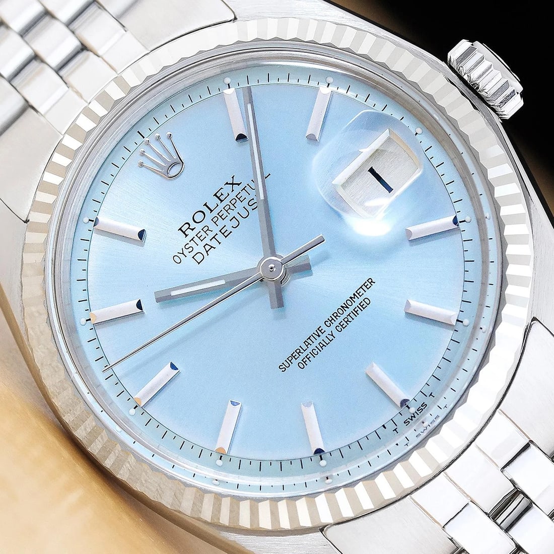 ROLEX DATEJUST 1601 18K GOLD STEEL ICE BLUE DIAL WATCH w/ ROLEX FOLDED BRACELET (1 of 9)