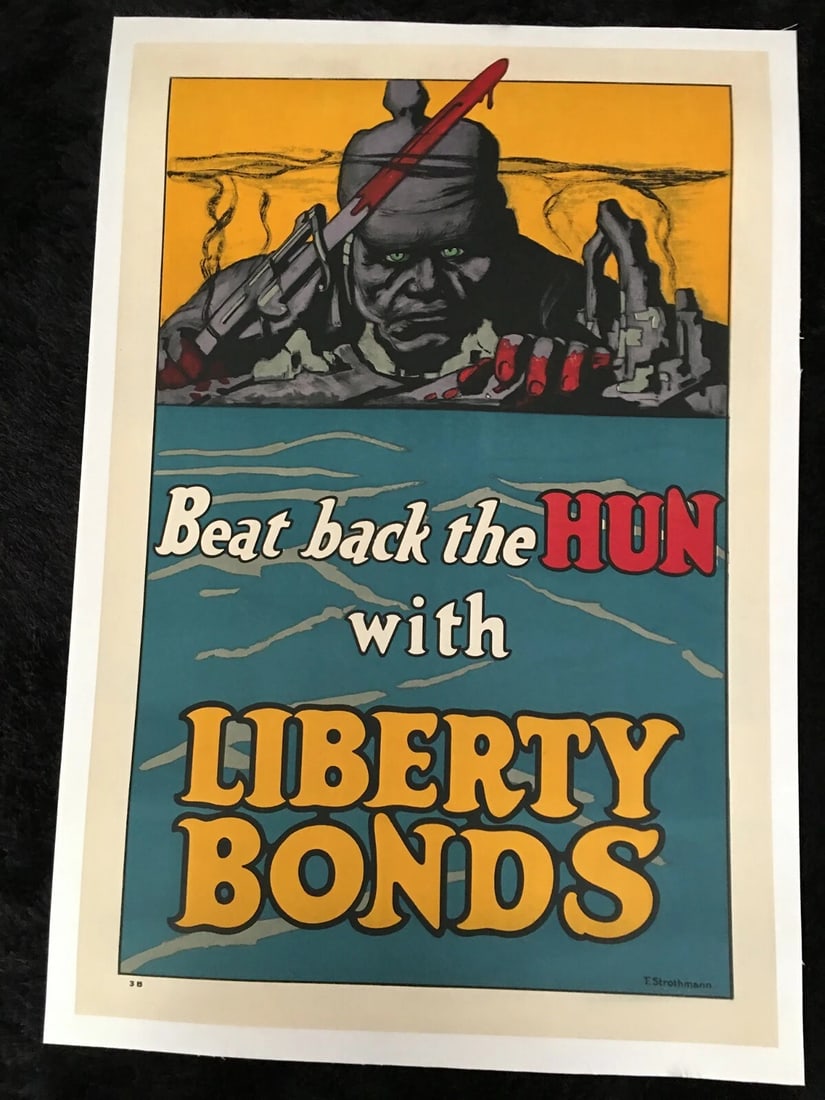 WWI Poster 1918 BEAT BACK THE HUN with LIBERTY BONDS Fred Strothmann LINEN LINED (1 of 6)