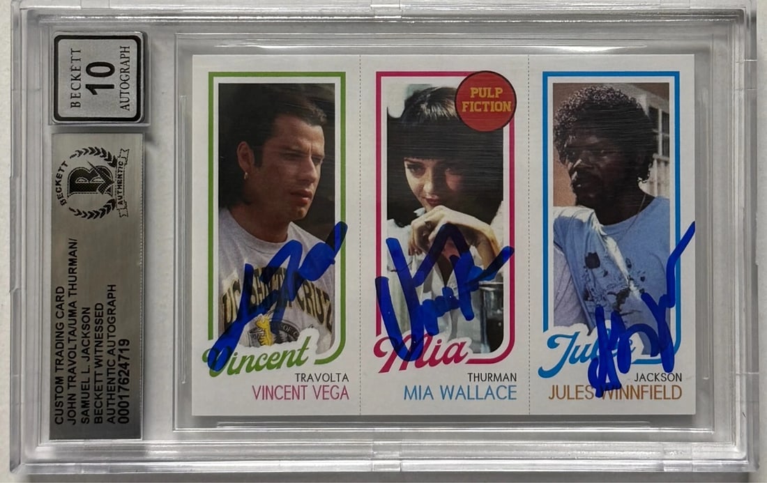 John Travolta Uma Thurman Samuel Jackson Signed Card Beckett Witnessed Auto 10: Industry: Television,Signed by: John Travolta Uma Thurman Samuel Jackson,Signed: Yes,Autograph Authentication: Beckett,Object Type: Trading Card,Show: Pulp Fiction