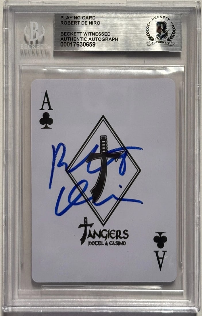 Robert De Niro Signed Tangiers Casino Poker Card BAS Beckett Witnessed: Industry: Television,Signed by: Robert De Niro,Signed: Yes,Autograph Authentication: Beckett,Object Type: Trading Card,Show: Casino