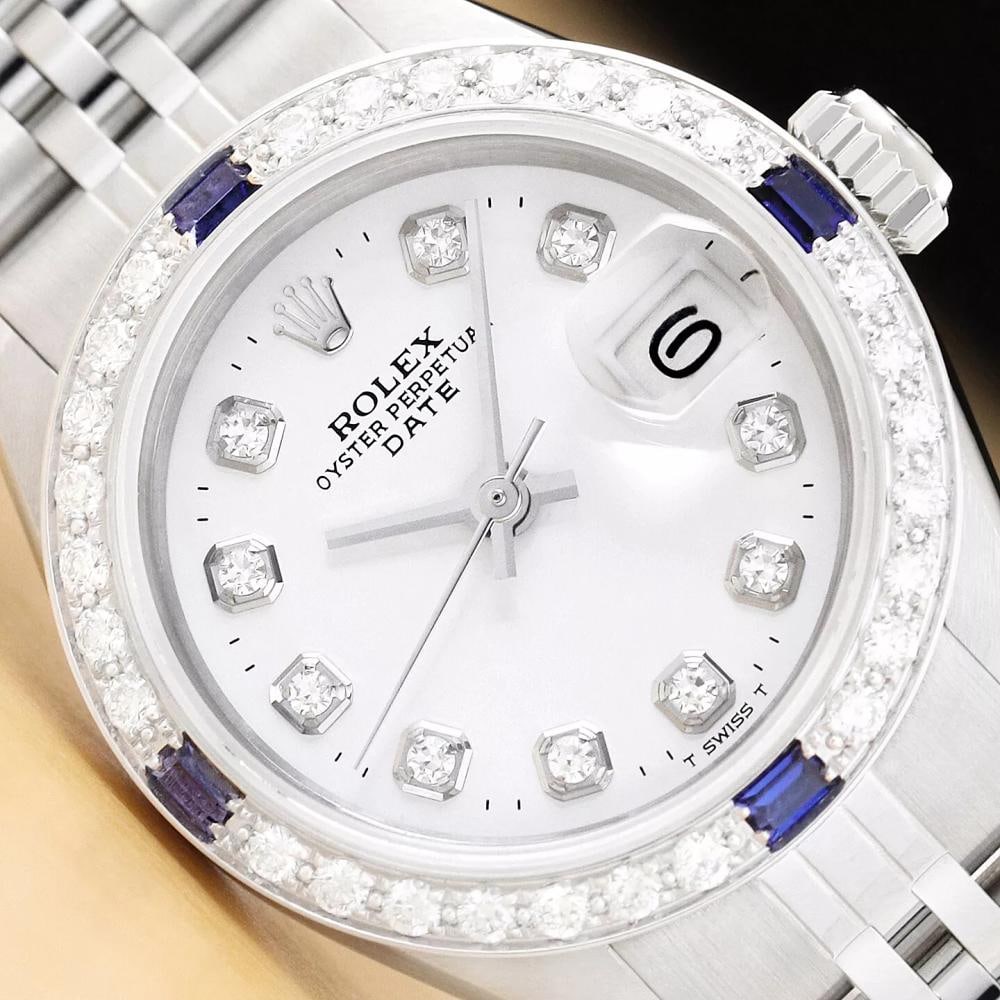 LADIES ROLEX DATE 18K WHITE GOLD DIAMOND SAPPHIRE & STEEL WATCH - WHITE DIAL (1 of 2)