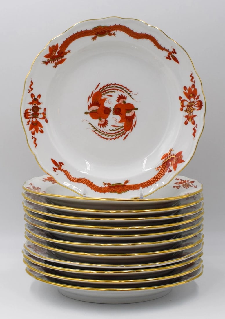 12 Meissen Red Court Dragon Hand Painted Dessert Plates - Discontinued. Rare: Condition: Used,Color: Red,Brand: Meissen,Type: Dessert Plates,Theme: Dragon,Features: Hand Painted,Material: Porcelain