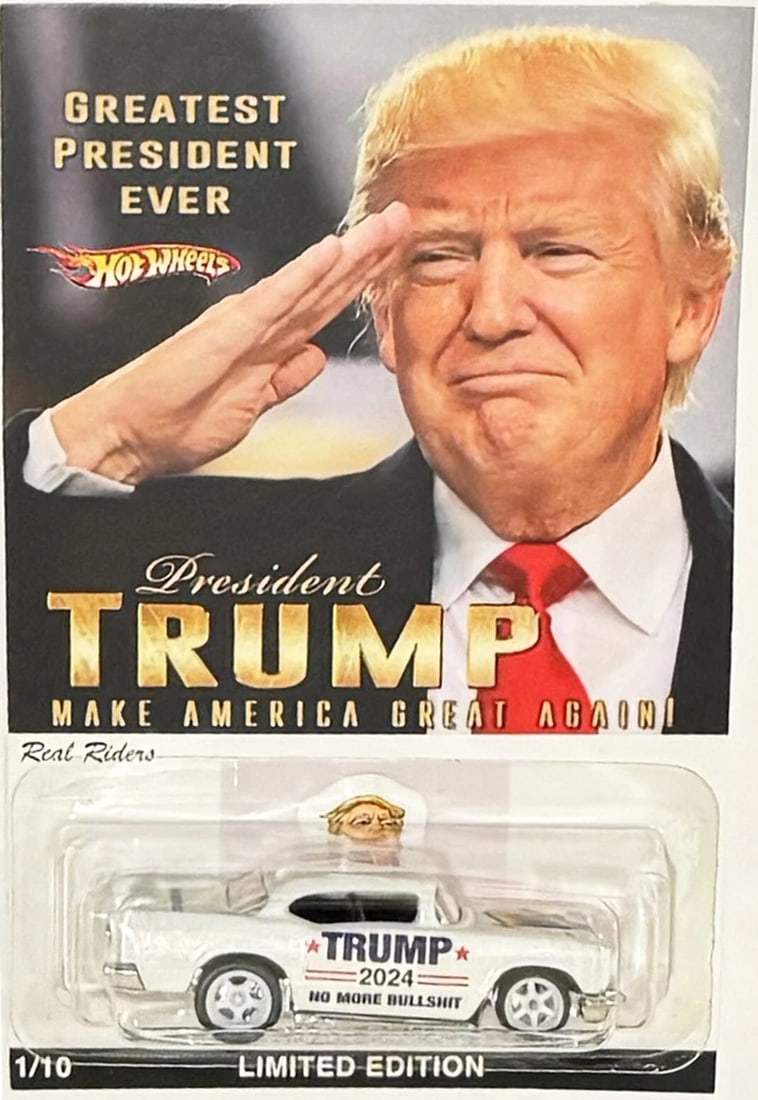 White '57 CHEVY Custom Hot Wheels Car 2024 Donald Trump MAGA Series w/ RR: Condition: Used