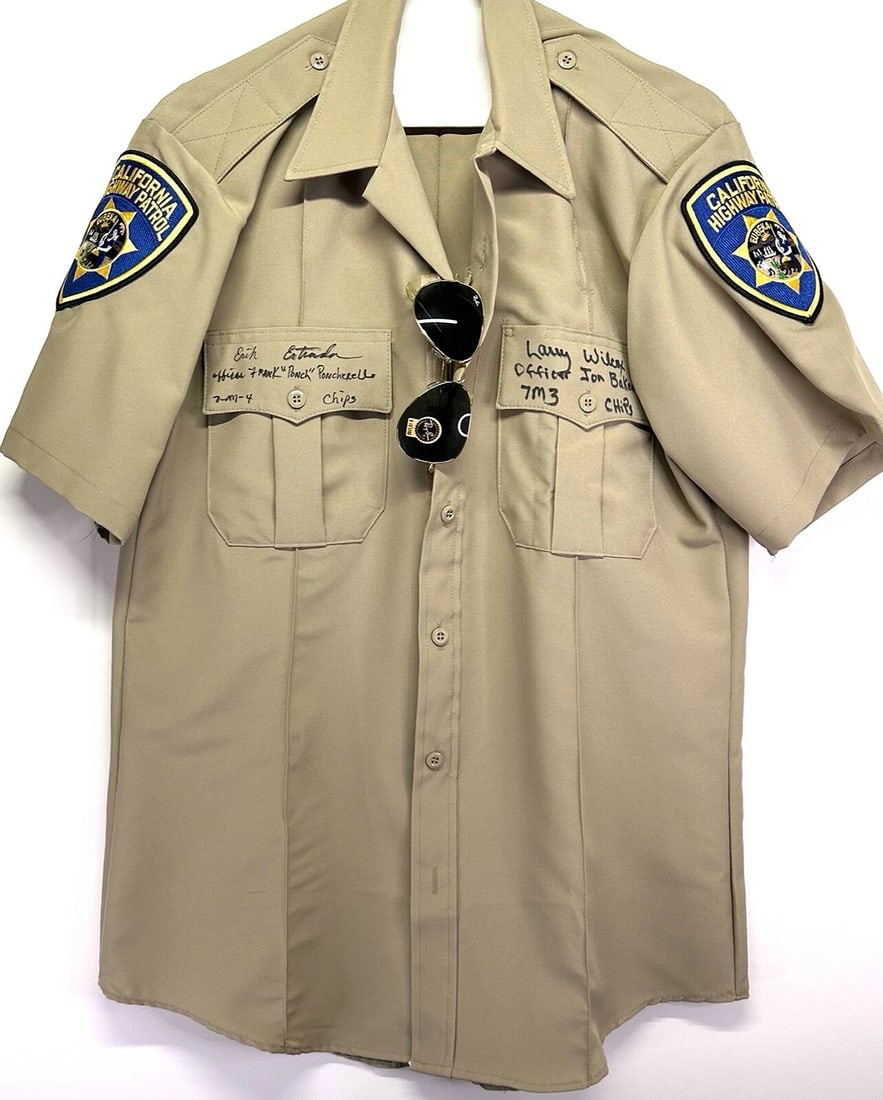 ERIK ESTRADA LARRY WILCOX Signed Auto Police Shirt TV "CHIPS" With Ray Bans JSA: Industry: Television,Signed by: Erik Estrada Larry Wilcox,Autograph Authentication: MRA,Object Type: Jacket,Original/Reproduction: Original,Show: Chips,Modified Item: No