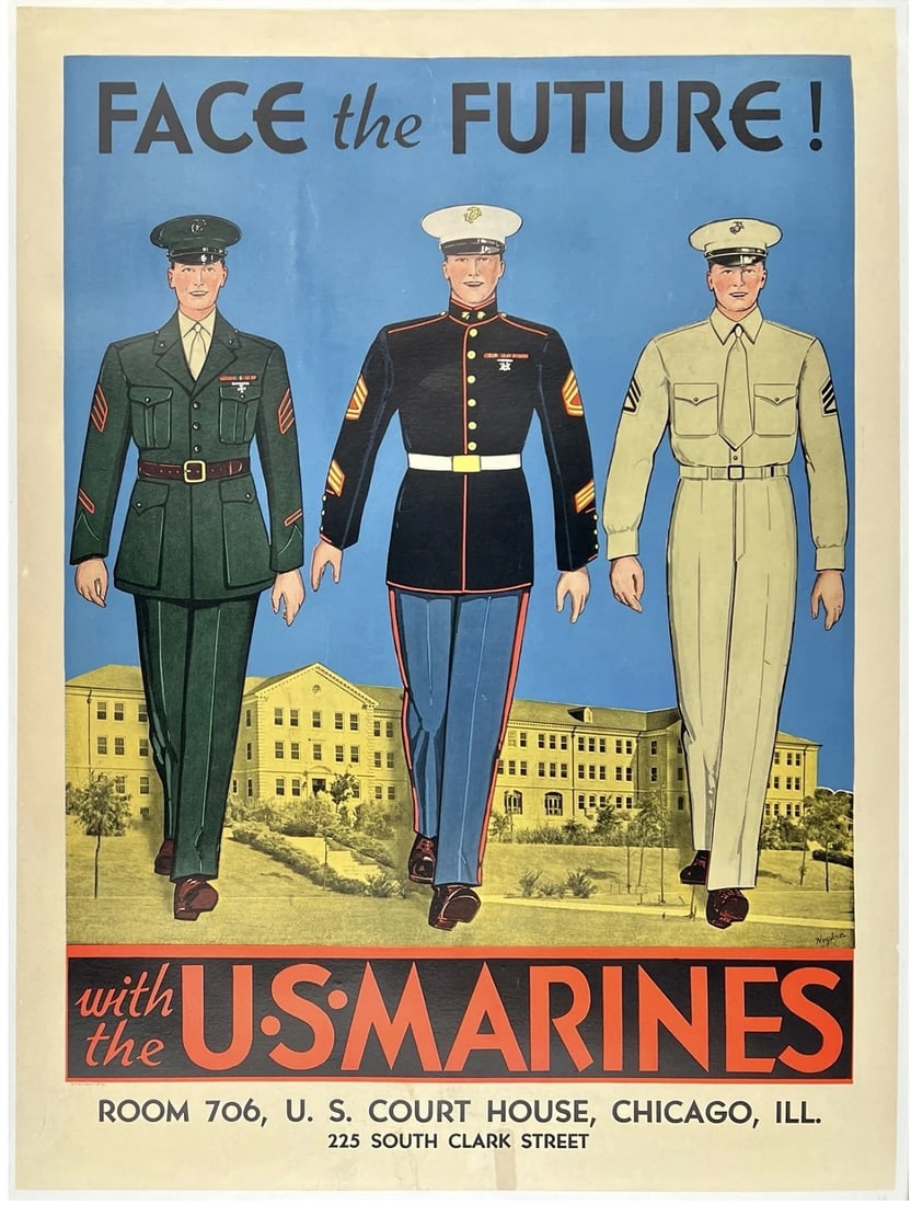 Original Vintage Poster FACE THE FUTURE WITH THE U.S. MARINES World War II LINEN: Dimensions: 29.75 x 40 in. / 75.6 x 101.6 cm.; Circa: 1942. Condition: Used,Country of Origin: United States,Conflict: WW II (1939-45),Theme: Militaria,Original/Reproduction: Original,Region of Origin