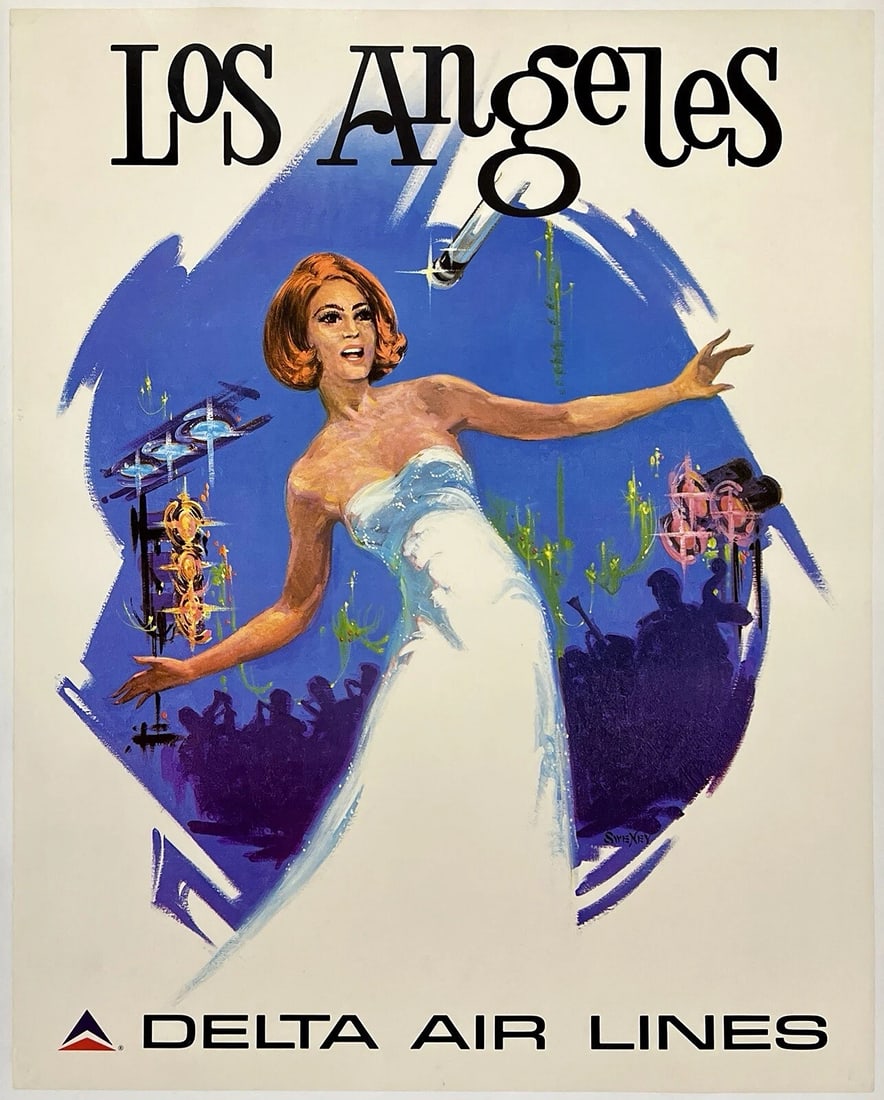 Original Vintage Poster LOS ANGELES DELTA AIR LINES Airline Travel Tourism LINEN: Dimensions: 22.2 x 27.9 in. / 56.4 x 70.9 cm.; Circa: 1970s. Condition: Used,Country of Origin: United States,Type: Poster,Airline: Delta