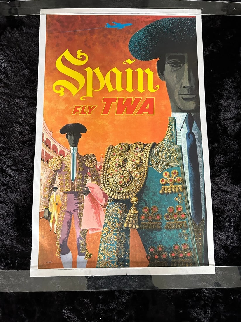Original 1960s SPAIN - Fly TWA Airline -Travel Poster- David Klein-LINEN LINED: Condition: Used,Modification Description: Archivally Linen lined,Type: Poster,Airline: TWA,Modified Item: YesOriginal 1960s Spain - Fly TWAAirline Travel Poster by David Klein25"w x 40h + 1" margins P