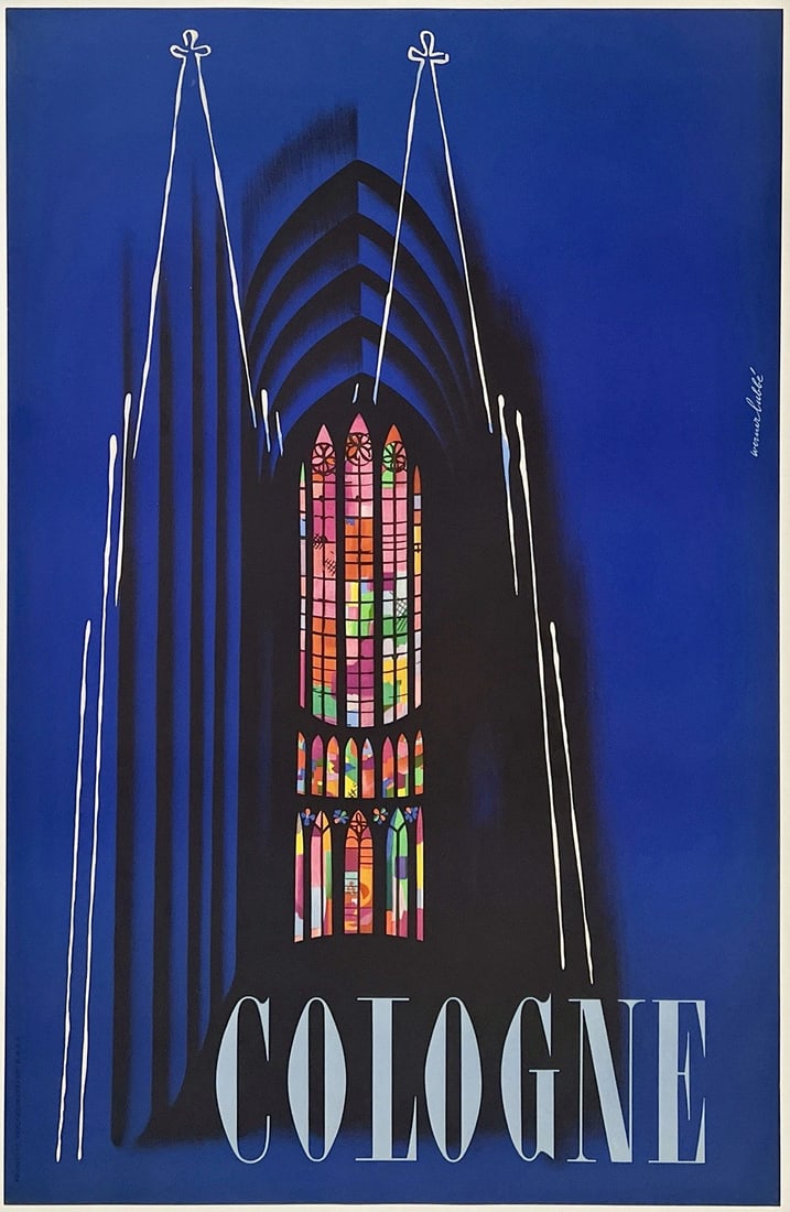 Original Vintage Poster COLOGNE CATHEDRAL GERMANY German Travel Tourism LINEN: Dimensions: 25.5 x 39.4 in. / 64.8 x 100 cm.; Circa: 1958Original vintage "COLOGNE" travel poster, plate signed by its artist, WERNER LABBE, and printed circa 1958.