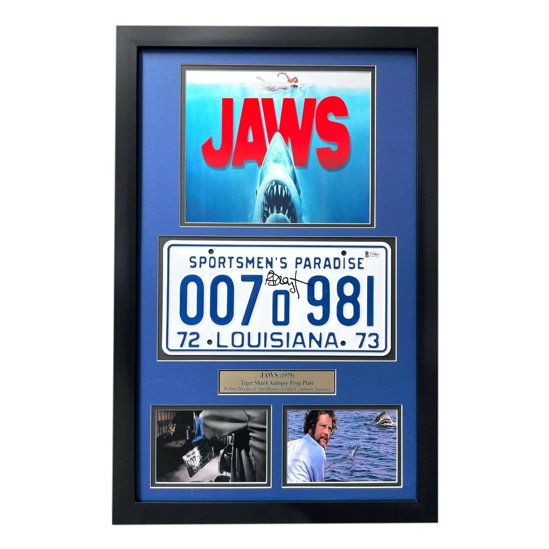 "JAWS" Richard Dreyfuss Autographed Autopsy License Plate Framed Collage BAS COA: Industry: Movies,Movie: JAWS,Signed by: Richard Dreyfuss,Autograph Authentication: Beckett,Object Type: Photograph,Original/Reproduction: Original