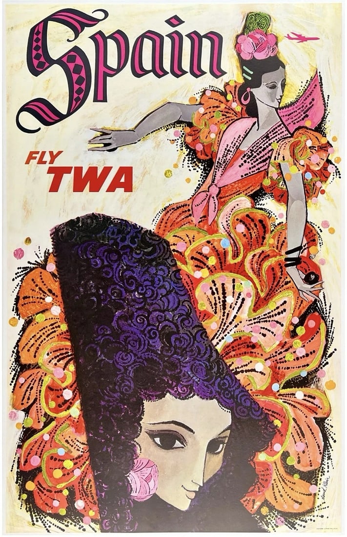 Original Vintage Poster SPAIN FLY TWA Airline Travel Tourism KLEIN LINEN: Dimensions: 25.25 x 39.8 in. / 64.1 x 101 cm.; Circa: 1960s. Condition: Used,Country of Origin: United States,Type: Poster,Airline: TWA,Modified Item: No