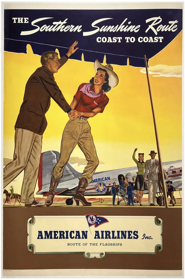 Original Vintage Poster AMERICAN AIRLINES SOUTHERN SUNSHINE ROUTE Airline LINEN: Dimensions: 27 x 41 in. / 68.6 x 104.1 cm.; Circa: 1940s. Condition: Used,Country of Origin: United States,Type: Poster,Airline: American,Modified Item: No