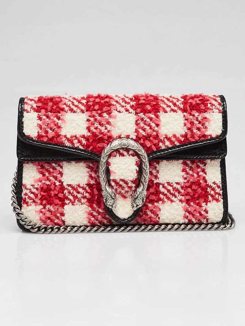 Gucci Red/White/Black GG Tweed/Patent Leather Super Mini Dionysus Chain Bag: Condition: Pre-owned - Good,Brand: Gucci,Exterior Material: Fabric,Patent Leather,Style: Crossbody Bags,Everyday Bags,Exterior Color: Black,Red,White,Department: Women