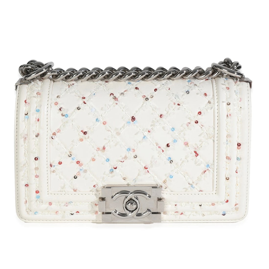 Chanel White Multicolor Lambskin Sequin Embroidered Small Boy Bag (1 of 9)