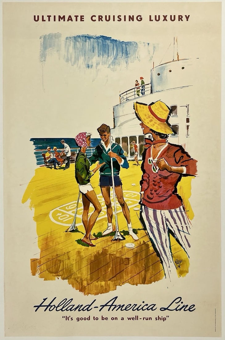 Original Vintage Poster HOLLAND AMERICA LINE ULTIMATE CRUISING LUXURY SHIP Linen: Condition: Used,Country of Origin: Netherlands,Artist: Rien Poortvliet,Region of Origin: Netherlands,Original/Licensed Reprint: Original,Subject: Cruises, Ships, Tourism, Travel,Type: Poster,Listed By