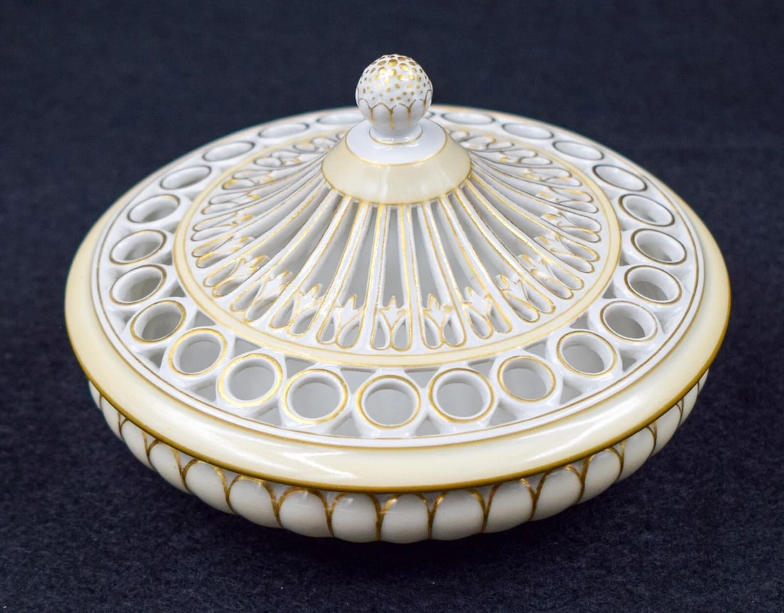 Antique KPM Germany Pierced Pot Pourri Box, Circa 1895: Measures 3" high by 4 1/4" wide. Condition: Used,Country of Origin: Germany,Brand: KPM,Type: Pot Pourri Box,Year Manufactured: 1895,Material: Porcelain