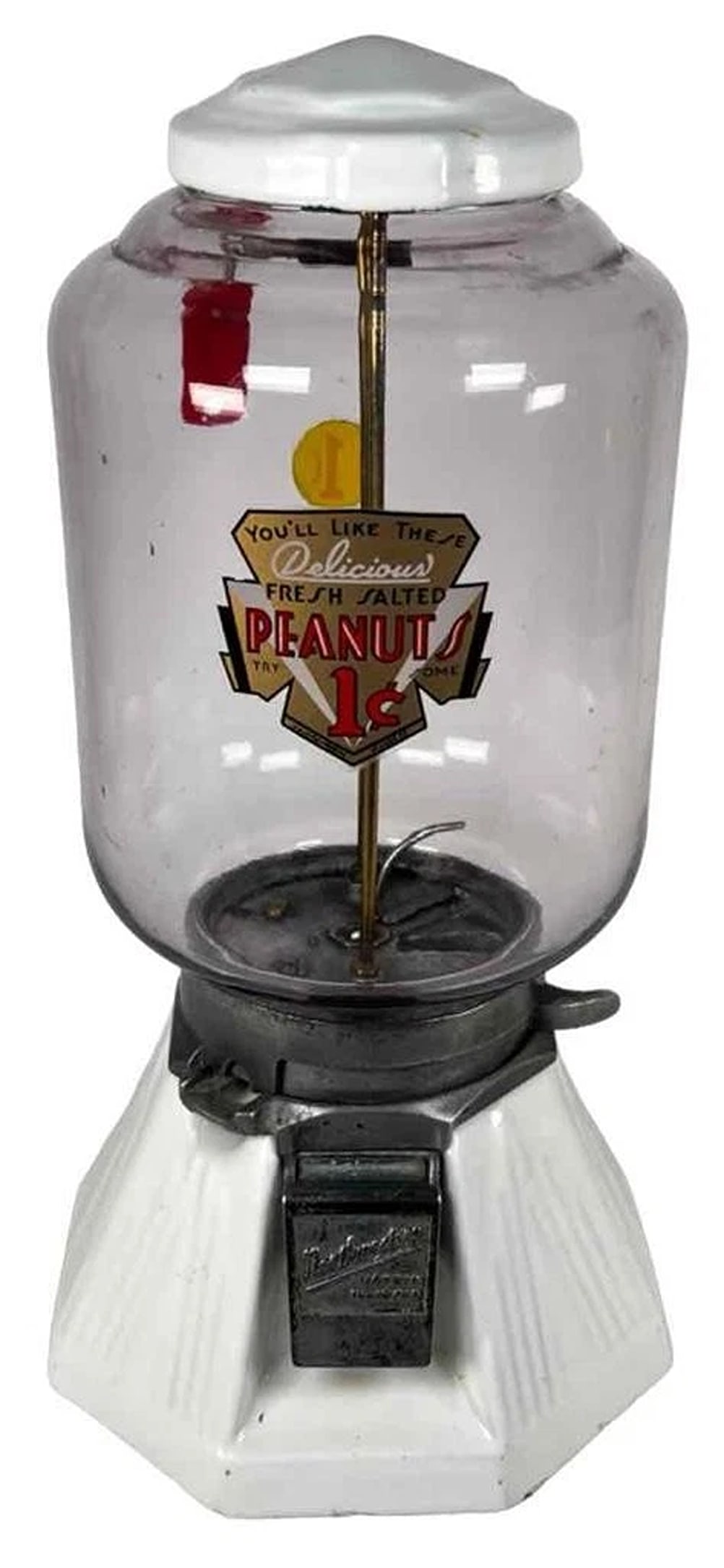 Antique 1933 Northwestern 1 Cent White Porcelain Peanut Vending Machine with Key (1 of 16)
