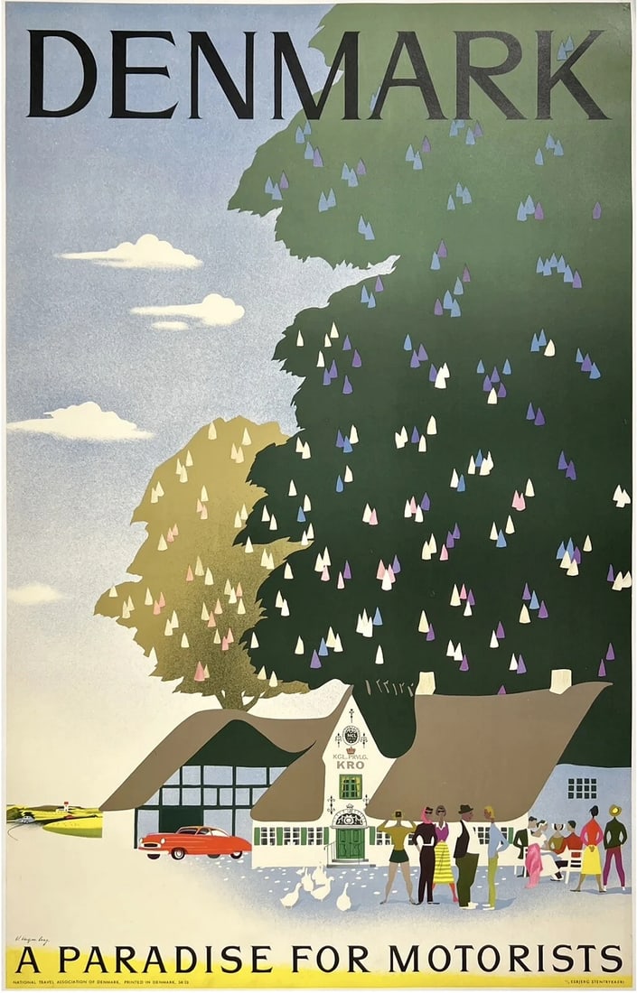 Original Vintage Poster DENMARK A PARADISE FOR MOTORISTS Travel Tourism LINEN: Dimensions: 24.7 x 39.1 in. / 62.8 x 99.3 cm.; Circa: 1950sOriginal vintage "DENMARK - A PARADISE FOR MOTORISTS" Danish travel poster, plate signed by its artist, VIGGO VAGNBY, and printed circa 1950s