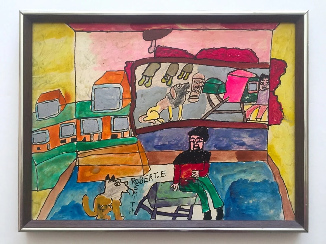 ROBERT E. SMITH RARE VINTAGE 20TH C. OUTSIDER FOLK ART ORIGINAL FRAMED PAINTING: MEASURES 19" W X 14 3/4" H X 1 1/2" D. Painting Surface: BOARD,Features: RARE ONE OF A KIND, Framed, Signed,Region of Origin: US,Width (Inches): 19",Listed By: Dealer or Reseller,Subject: Figures,Size