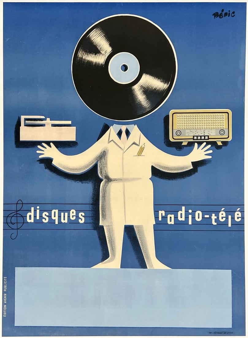 Original Vintage Poster DISQUES RADIO TELE French MCM Advertising LINEN: Dimensions: 44.7 x 61.2 in. / 113.5 x 155.4 cm.; Circa: 1955Original vintage "DISQUES - RADIO-TELE" poster, plate signed by its artist, BENIC, and printed circa 1955.