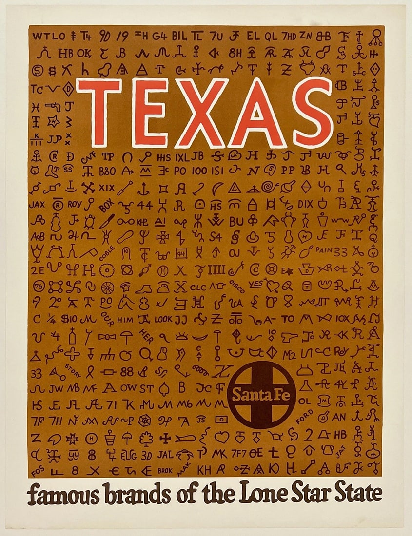 Original Vintage Poster SANTA FE RAILROAD - TEXAS Rail Travel Tourism LINEN: Dimensions: 18.25 x 24 in. / 46.4 x 60.7 cm.; Circa: 1950sOriginal vintage "SANTA FE RAILROAD - TEXAS - FAMOUS BRANDS OF THE LONE STAR STATE" railroad travel poster, illustrated by an anonymous artist