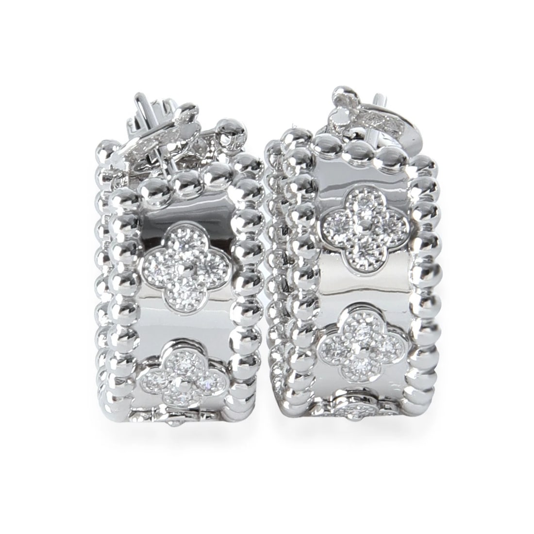 Van Cleef & Arpels White Gold Diamond Perlee Clovers Hoop Earrings: Condition: Pre-owned - Good,Country of Origin: France,Shape: Round Brilliant,Item Length: 19 mm,With Papers: Yes,Side Stone Type: Diamond,Side Stone Weight (cts): 0.62,Metal Purity: 18k,With Original
