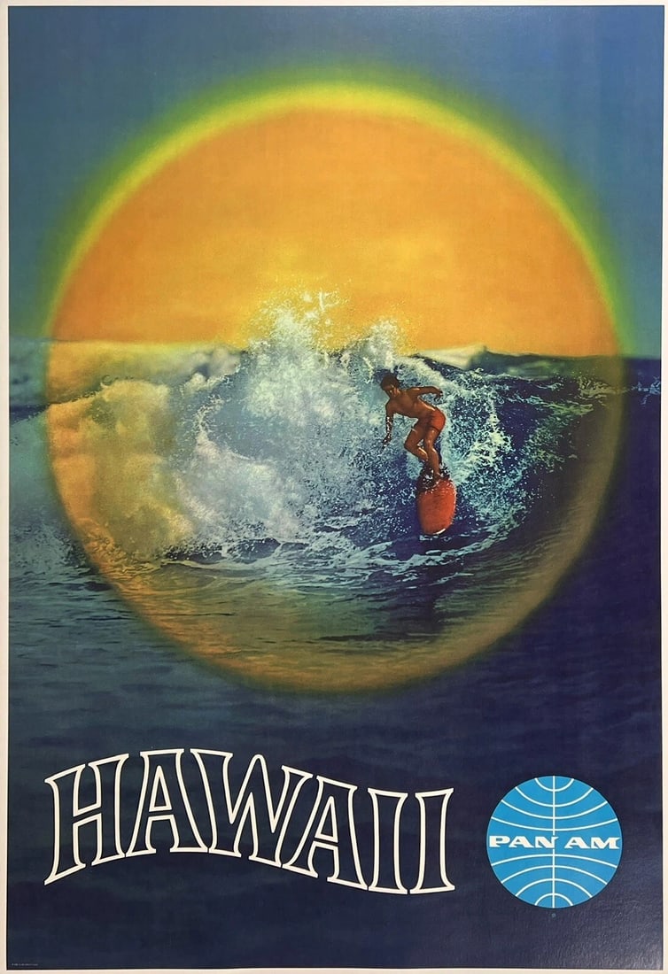 Original Vintage Poster HAWAII PAN AM Airline Travel Surfing Tourism LINEN: Condition: Used,Country of Origin: United States,Type: Poster,Airline: Pan AmCondition: Excellent * (linen backed; near mint condition with no noticeable defects and should display fabulously once fra