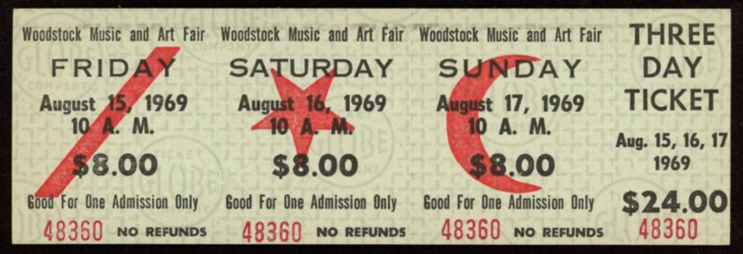 Woodstock Authentic Three Day Unused Ticket from August 15, 16, 17, 1969: An authentic unused ticket to the Woodstock Art and Music Fair on August 15th, 16th, and 17th, 1969. FANTASTIC CONDITION