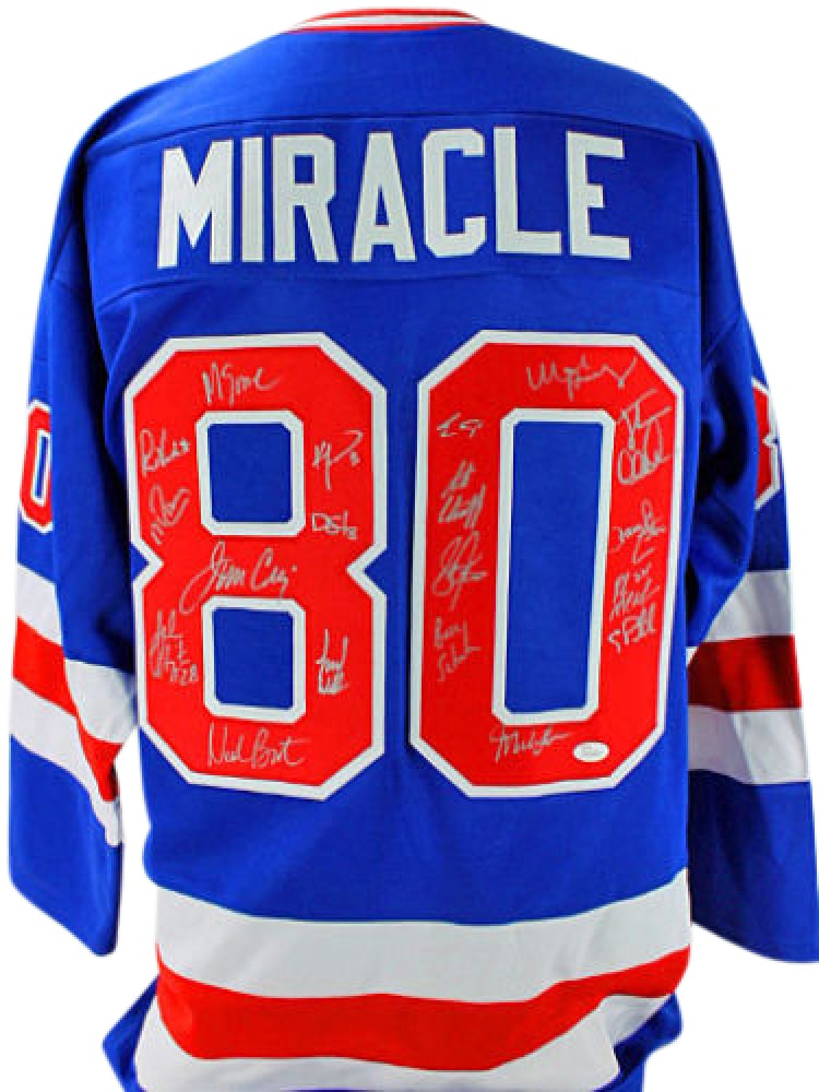 1980 Team USA Hockey "Miracle on Ice" Jersey Signed by (19) with Mike Eruzione, Jim Craig, Ken: Custom on-ice style jersey. Everything sewn on, size XL. Hand-signed by (19) including Mike Eruzione, Jim Craig, Steve Janaszak, Bill Baker, Dave Christian, Ken Morrow, Jack O'Callahan, Mike Ramsey, R