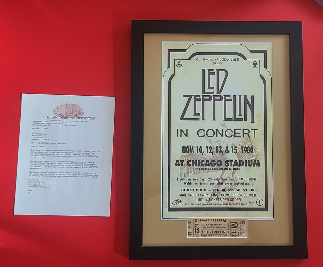 Led Zeppelin 1980 Unused Chicago Stadium Concert Ticket COA 16"x 20" FRAME ZOSO (1 of 1)