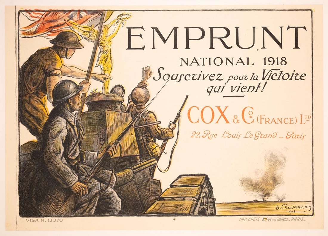Emprunt National 1918 Poster Chavannaz WWI Allied Victory Tank Linen Lithograph: This lithograph measures 31 × 47 in. and has been professionally mounted on linen.. Condition: Used,Country of Origin: France,Artist: B Chavannaz,Unit of Sale: Single Piece,Size: Medium,Material: Pap