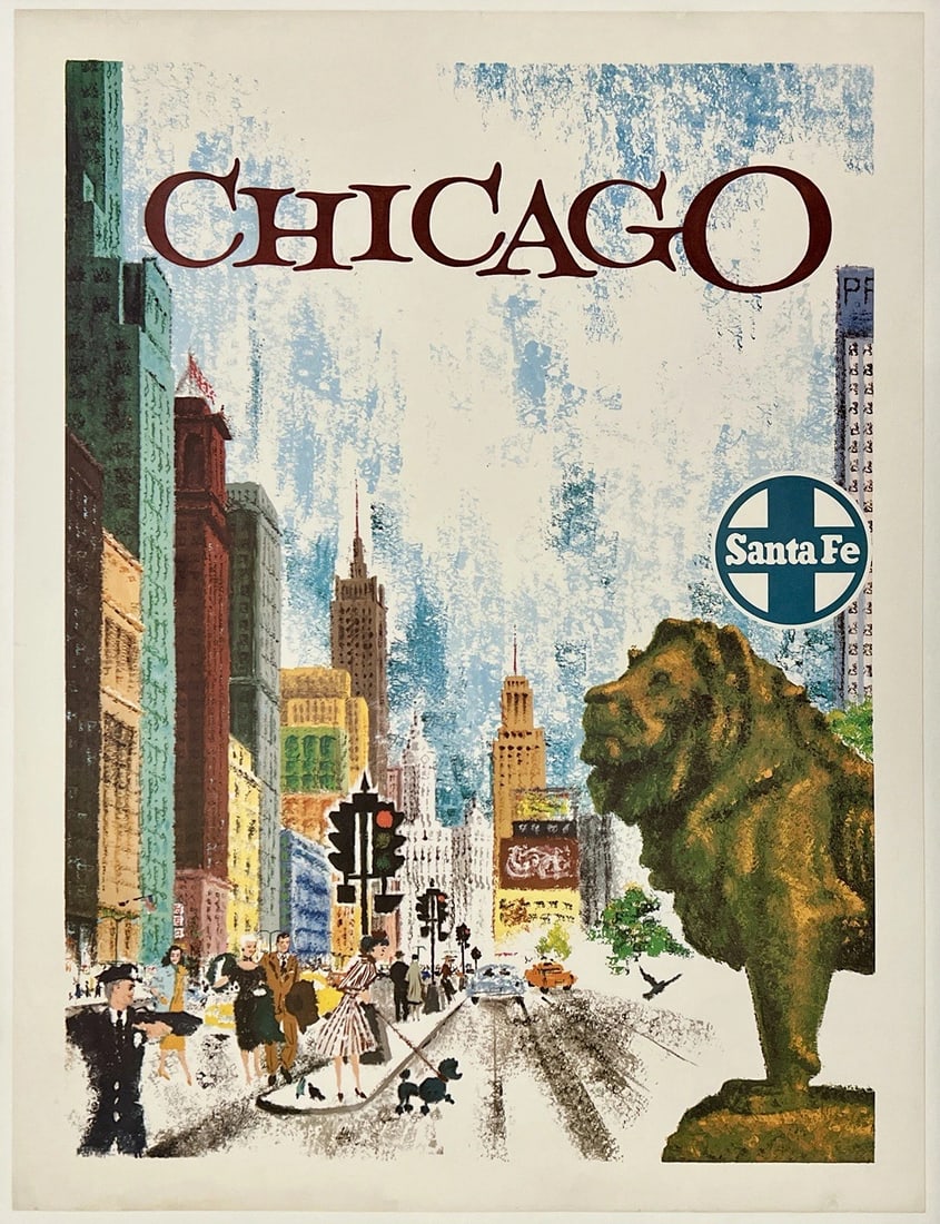 Original Vintage Poster SANTA FE RAILROAD - CHICAGO Rail Travel Tourism LINEN: Condition: Used,Country of Origin: United States,Modified Item: NoCondition: Very Good * (linen backed; some edge wear and tears as well as toning, most noticeable along the bottom edge; this fabulous