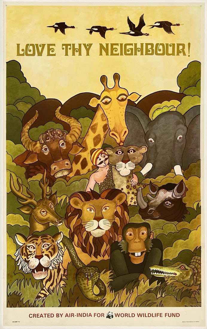 Original Vintage Poster AIR INDIA LOVE THY NEIGHBOUR Airline Travel Tourism OL: Condition: Used,Type: Poster,Country of Origin: IndiaCondition: Very Good * (linen backed; some offsetting in the bottom red text and some excess red ink in the bottom left corner and edge area; other