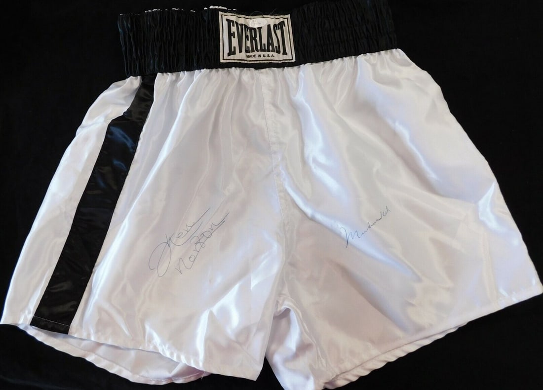 Muhammad Ali & Ken Norton Signed Everlast White Boxing Trunks (JSA COA): Muhammad Ali & Ken Norton Signed Everlast White Boxing Trunks (JSA COA)