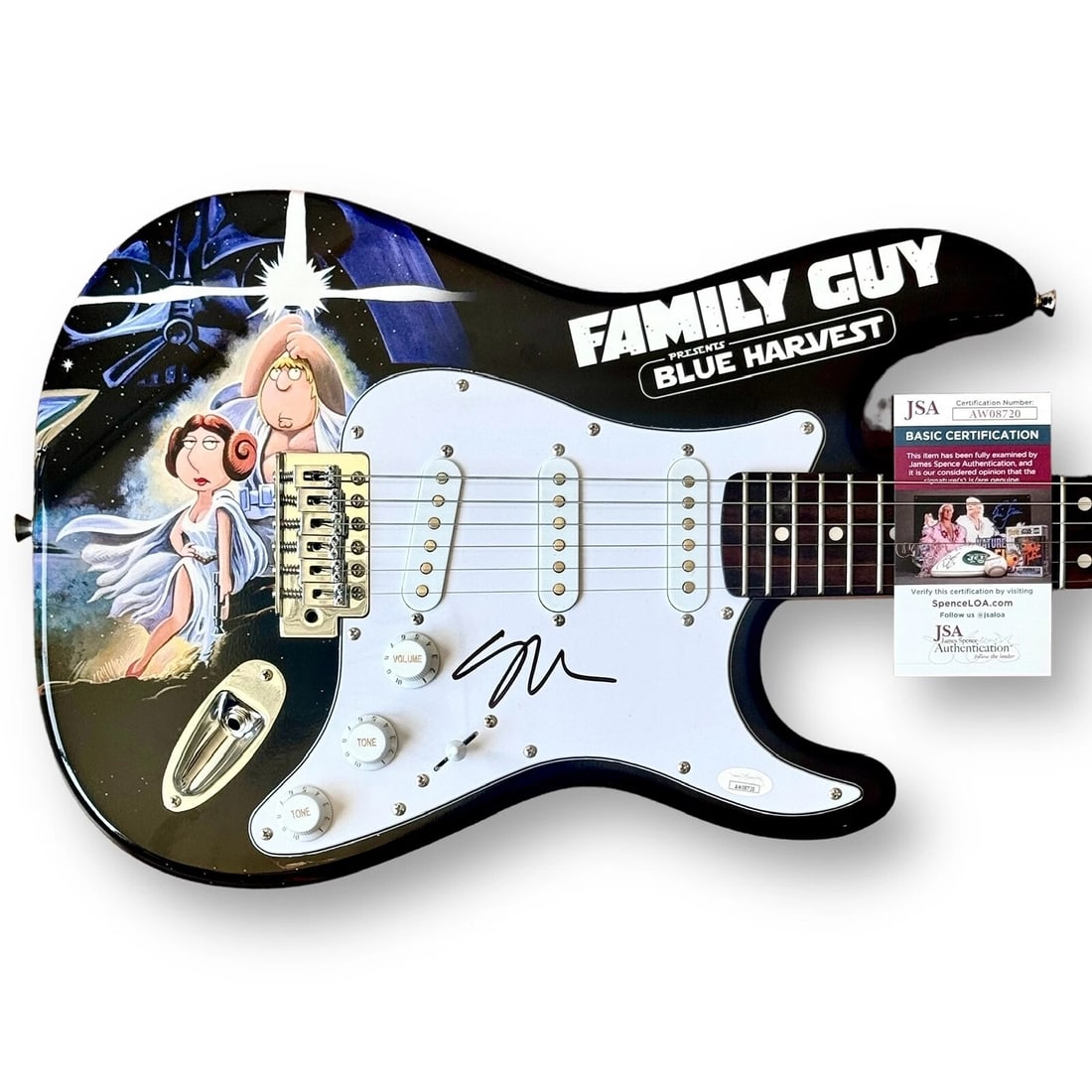 Seth MacFarlane Signed Guitar Custom Graphics JSA COA Family Guy Star Wars: Industry: Television,Object Type: Guitar,Original/Reproduction: Original,Signed by: Seth MacFarlane,Signed: Yes,Autograph Authentication: James Spence (JSA),Show: Family GuySigner: Seth MacFarlane (Fa