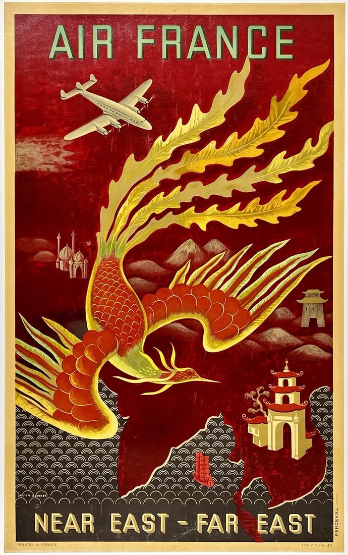 Original Vintage Poster AIR FRANCE NEAR EAST FAR EAST Airline Travel Tourism OL: Condition: Used,Country of Origin: France,Type: Poster,Airline: Air France,Modified Item: NoCondition: Very Good / Good * (linen backed; the front side of the poster has a layer of varnish, which is s