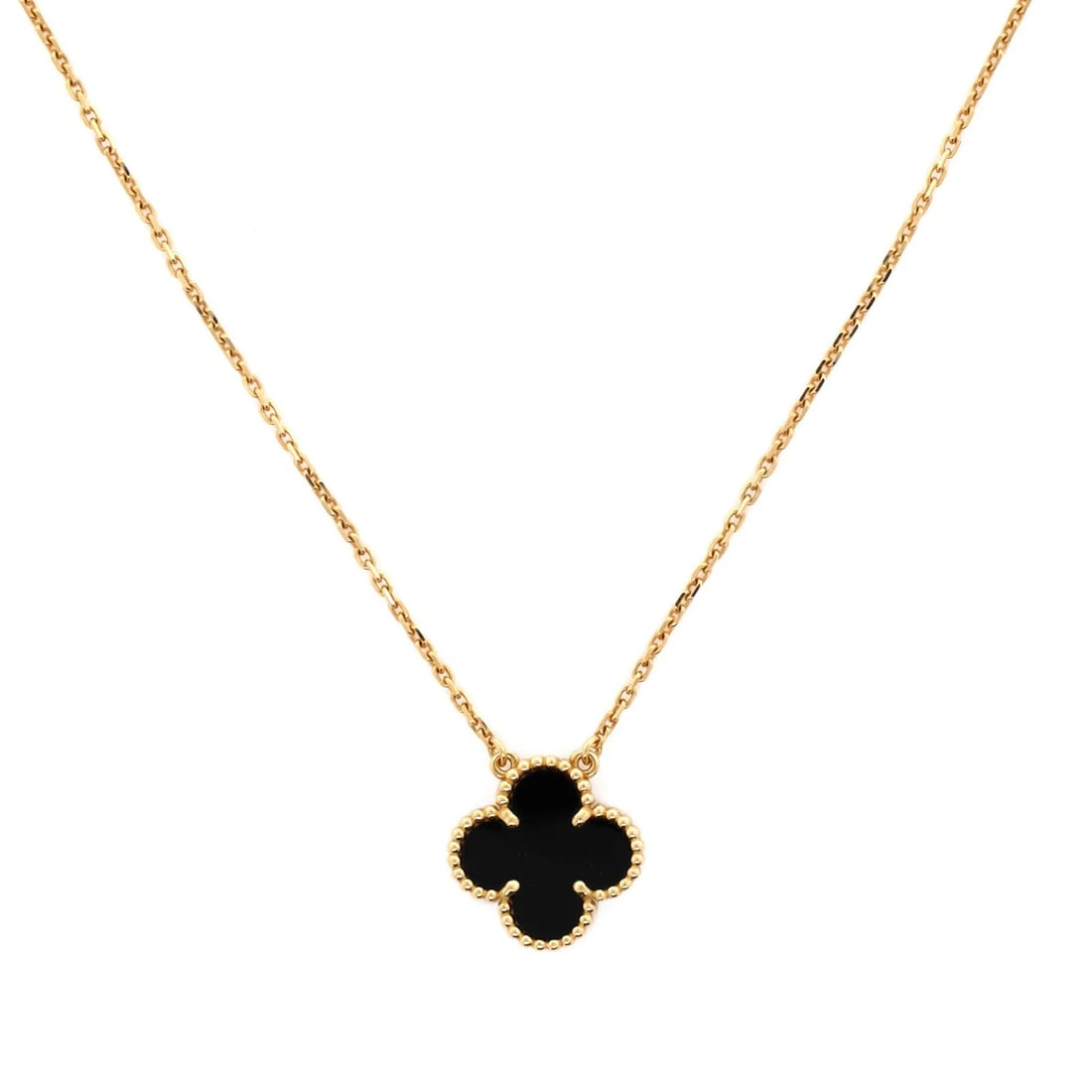 Van Cleef & Arpels Vintage Alhambra Pendant Necklace 18K Yellow Gold and Onyx: Accessories: Dust Bag, With StrapMeasurements: Handle Drop 4.5", Height 14", Width 16.5", Depth 7", Strap Drop 20". Condition: Pre-owned - Good,Brand: Van Cleef & Arpels,Main Stone: Onyx,Metal: 18K Ye