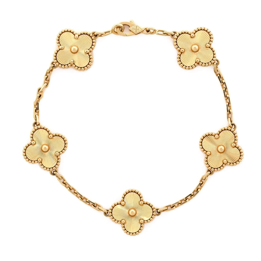 Van Cleef & Arpels Vintage Alhambra 5 Motifs Bracelet Guilloche 18K Yellow Gold: Measurements: Circumference: 8.50 ", Width: 14.90 mm. Condition: Pre-owned - Good,Brand: Van Cleef & Arpels,Main Stone: Unknown,Metal: 18K Yellow Gold,Metal Purity: 18K,Style: Bracelet,Type: Bracelet,