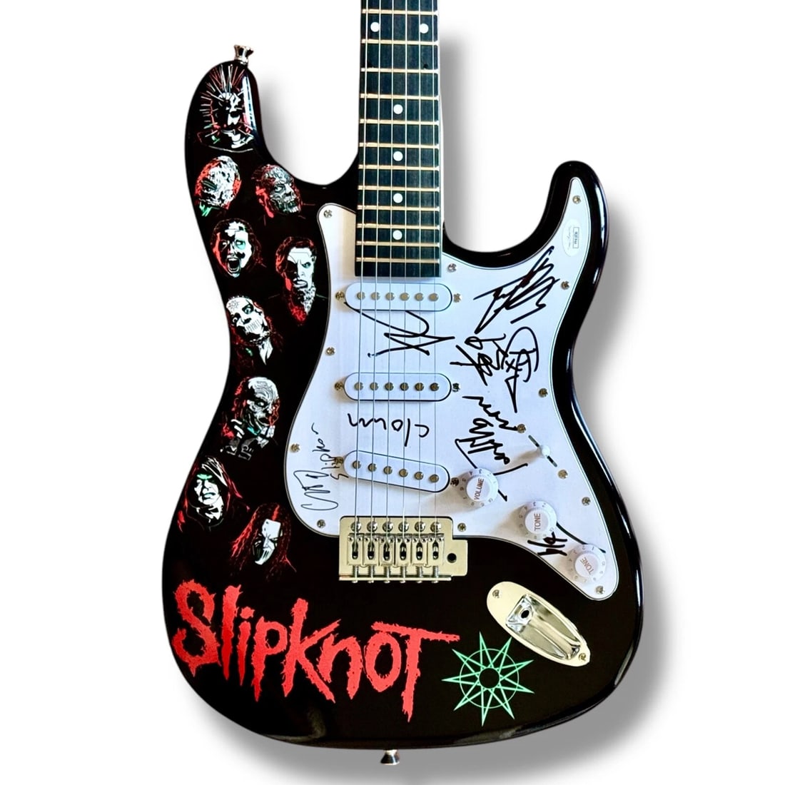 SLIPKNOT Band Signed Custom Guitar With 8 Signatues Including Corey Taylor (JSA COA): Signed By Corey Taylor #8 (Lead singer) Shawn "Clown" Crahan #6 (Percussions) Mick Thomson #7 (Guitarist) Sid Wilson #0 (Turtables) Jim Root #4 (Guitarist) Allesandro "Vman" Venturalla (