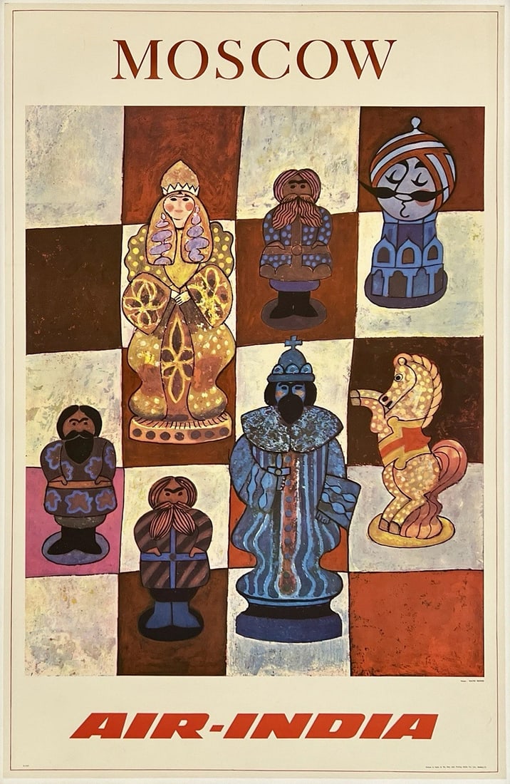 Original Vintage Poster MOSCOW - AIR INDIA Airline Travel Russia Tourism OL: Condition: Used,Type: Poster,Country of Origin: IndiaCondition: Excellent / Very Good * (linen backed; some surface smudges in the top left and bottom right white areas of the poster; otherwise this w