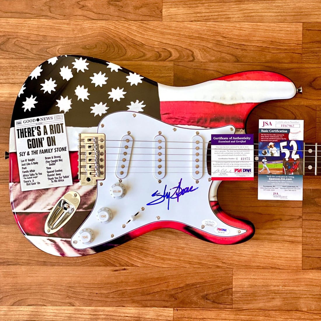 SLY STONE Signed Guitar Custom 1/1 Graphics JSA COA SLY AND THE FAMILY STONE: Industry: Music,Signed: Yes,Autograph Authentication: James Spence (JSA),Object Type: Guitar & Guitar Pick,Original/Reproduction: OriginalSigner: Sly Stone (Sly and the Family Stone Lead Singer) Item