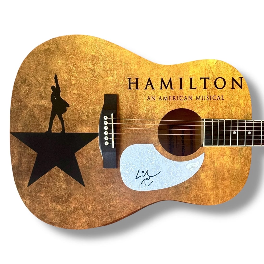 Lin Manuel Miranda Signed Guitar Custom Graphics JSA COA Hamilton: Industry: Theater,Autograph Authentication: James Spence (JSA),Object Type: Guitar,Original/Reproduction: Original,Show: Hamilton,Signed by: Lin Manuel Miranda,Signed: YesSigner: Lin Manuel Miranda It