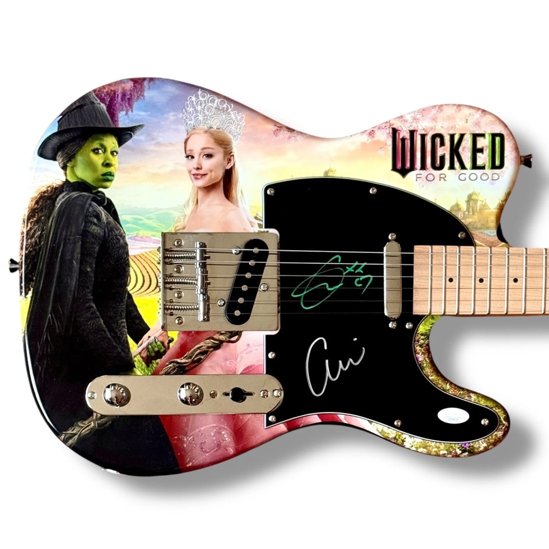 Wicked Signed Guitar Custom Graphic JSA COA Ariana Grande Cynthia Erivo For Good: Object Type: Photograph,Signed by: Ariana Grande & Cynthia Erivo,Industry: Movies,Autograph Authentication: James Spence (JSA),Original/Reproduction: Original,Movie: Wicked For Good,Signed: YesItem Ty