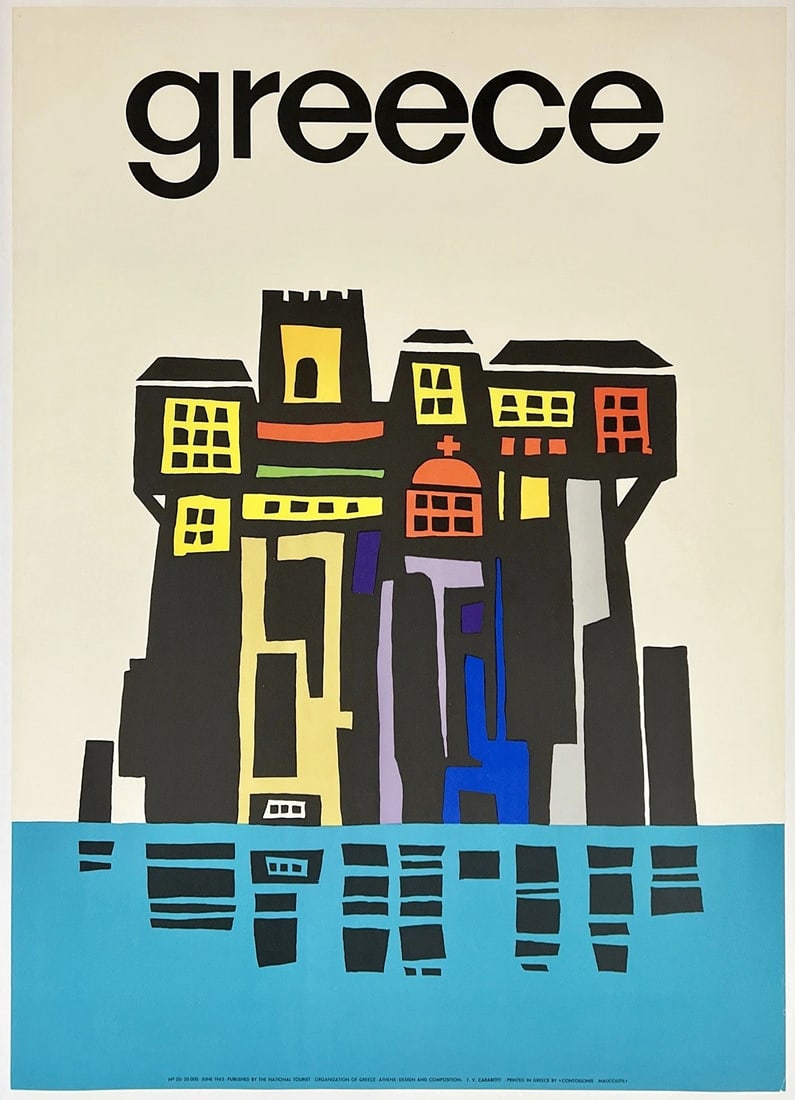 Original Vintage Poster GREECE Greek Travel Tourism Midcentury Modern MCM LINEN: Dimensions: 27.6 x 38.6 in. / 70 x 98 cm.; Circa: 1963Original vintage "GREECE" travel poster, designed by F.V. CARABOTT, and printed circa 1963.