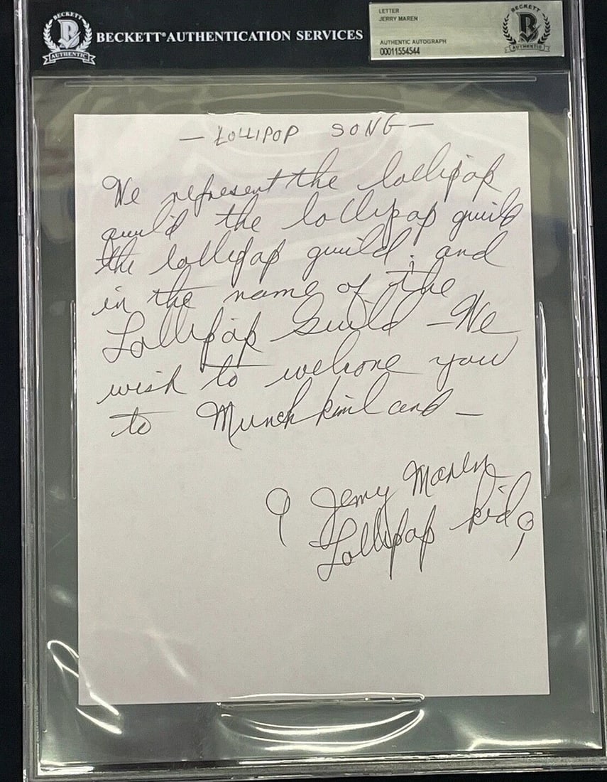 JERRY MAREN Signed Encapsulated Wizard of Oz Hand Written Lollipop Kid Song BAS: Original/Reproduction: Original,Signed by: Jerry Maren,Industry: Movies