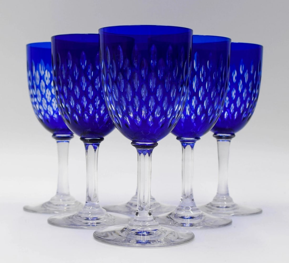 6 Baccarat Blue Cut to Clear Glass Wines - Paris Pattern (1 of 9)
