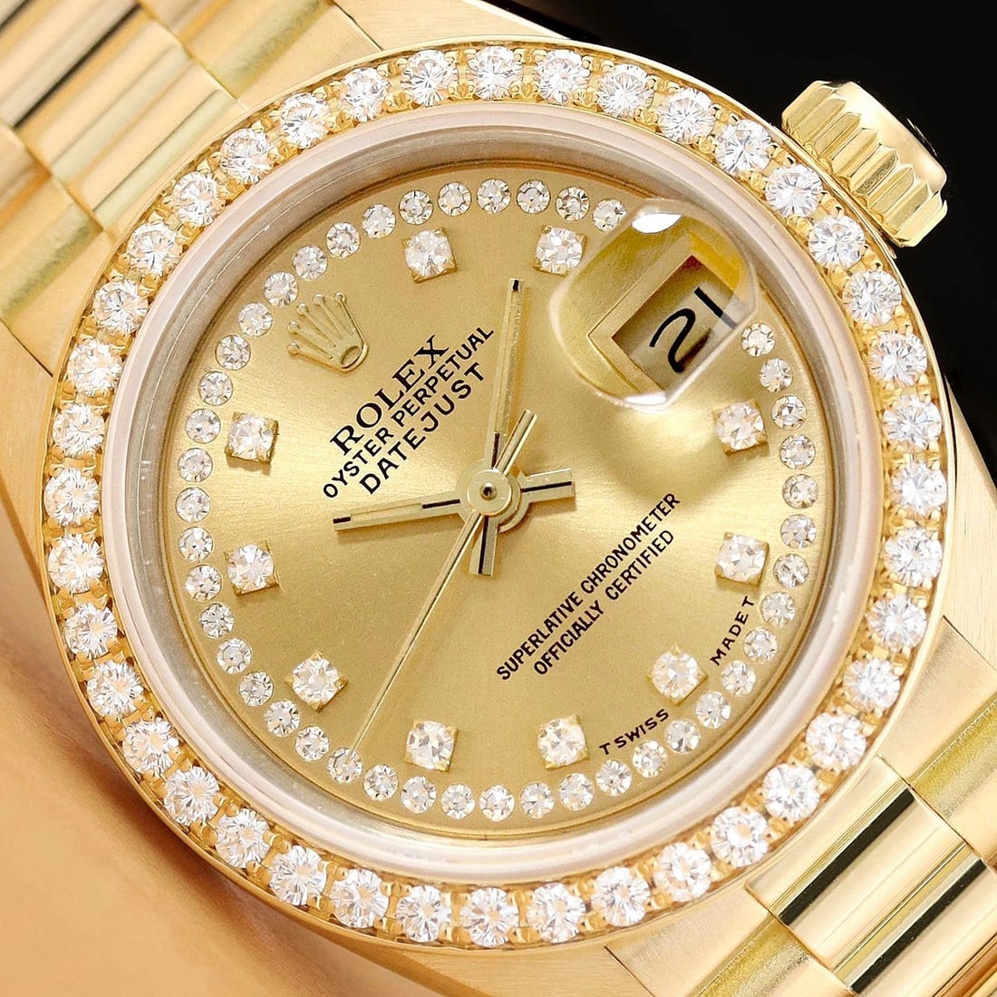 ROLEX LADIES 69138 18K GOLD CHAMPAGNE FACTORY STRING DIAMOND PRESIDENT WATCH (1 of 11)